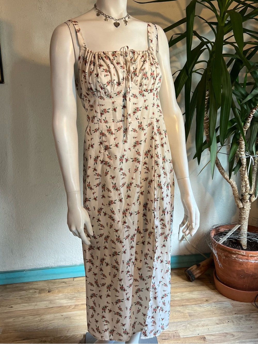 Ivory Floral Midi Dress with Tie Front